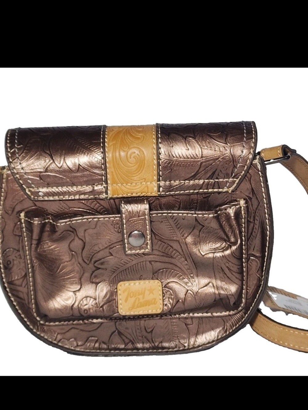NWT Tony Lama Crossbody Purse Western Tooled 2 Tone Brown Brown Tan Saddle Bag - Picture 5 of 9